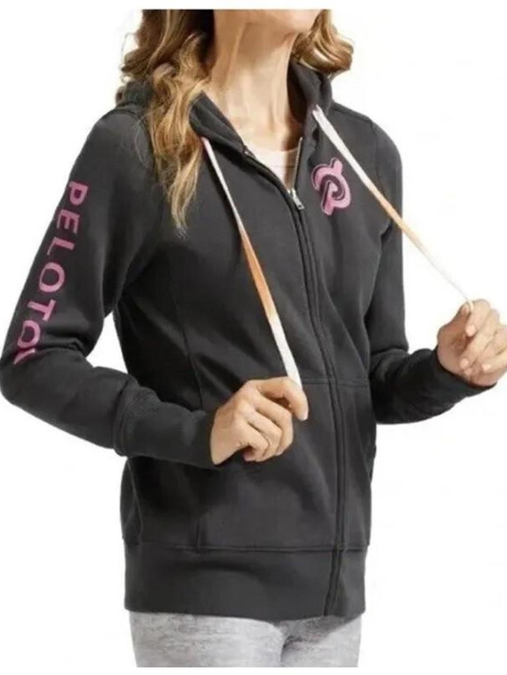 Peloton Women's Black Zip Hoodie with Pink Logo size medium